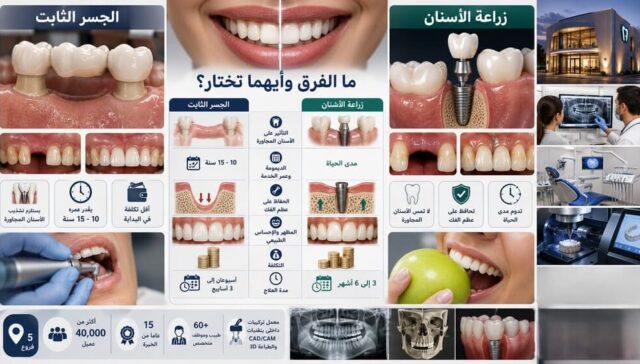 ما الفرق بين الجسر الثابت وزراعة الأسنان وأيهما تختار؟